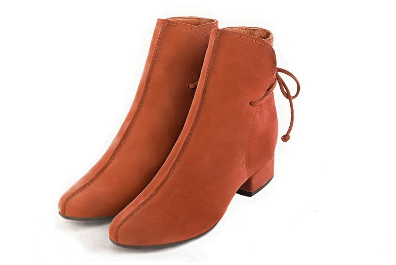 Women's orange back lace-up ankle boots with round toe and low block heel - Front view